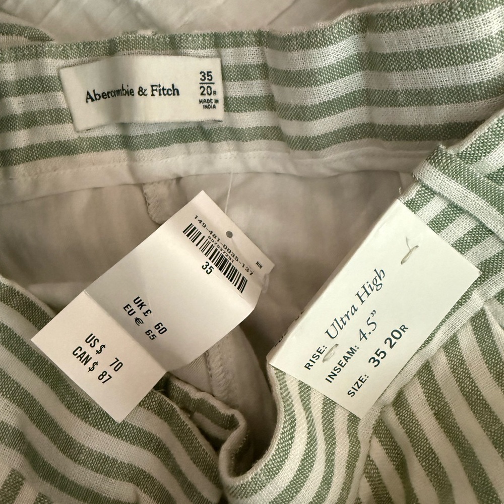 Abercrombie & Fitch Green Striped High Waisted Linen Shorts. 35 - Picture 2 of 2